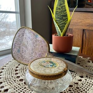 Vintage Vanity Set Hand Mirror & Powder Dish EUC Rose & Gold